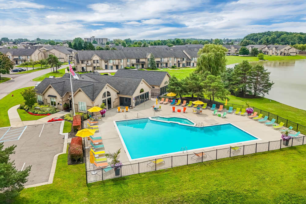 Bird's eye view of the clubhouse and pool at Lakeside Terraces in Sterling Heights, Michigan