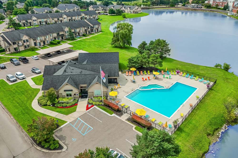 Aerial view of the swimming pool and clubhouse at Lakeside Terraces in Sterling Heights, Michigan