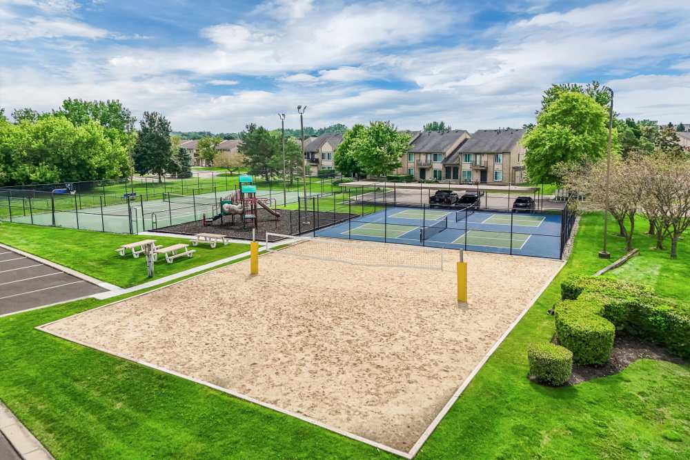 Bird's eye view of the sand volleyball court at Lakeside Terraces in Sterling Heights, Michigan