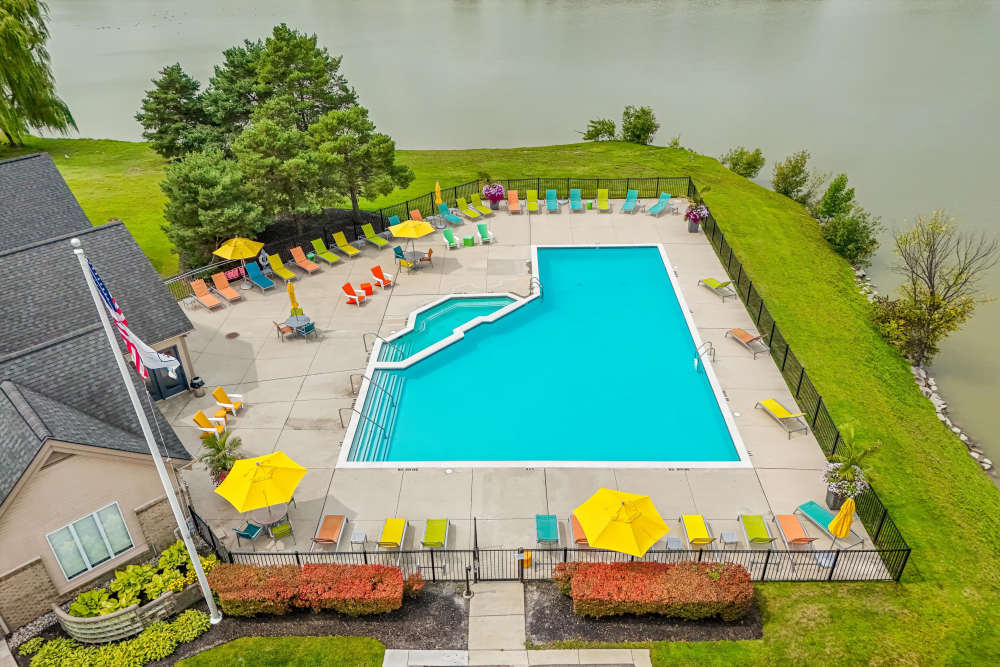 Aerial view of the swimming pool at Lakeside Terraces in Sterling Heights, Michigan