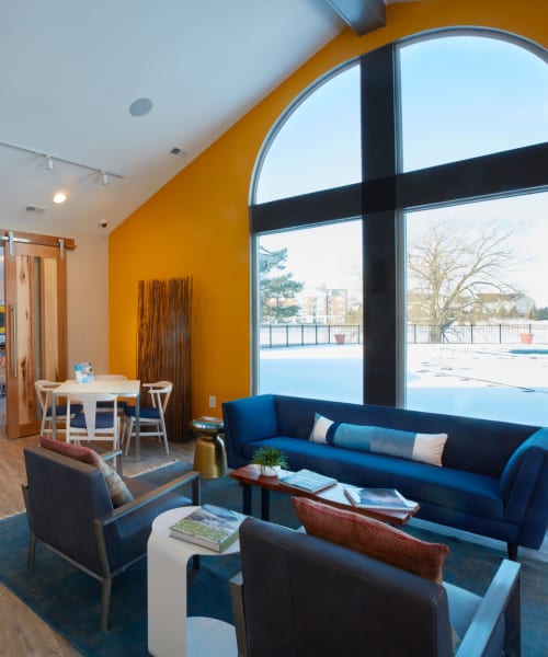 Lounge area with pool views at Lakeside Terraces in Sterling Heights, Michigan