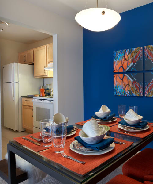 Dining room and entrance to kitchen at Lakeside Terraces in Sterling Heights, Michigan