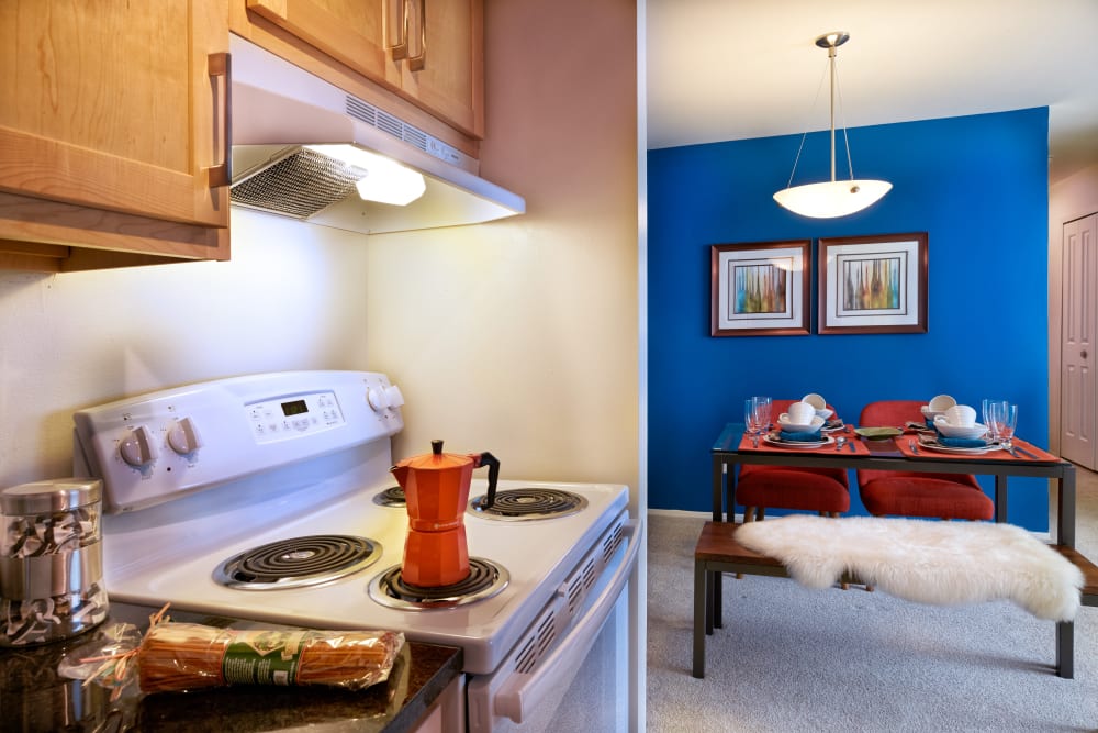 Kitchen with view of the dining area at Lakeside Terraces in Sterling Heights, Michigan