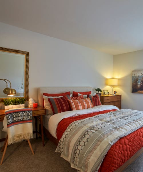 Model bedroom with a desk at Lakeside Terraces in Sterling Heights, Michigan