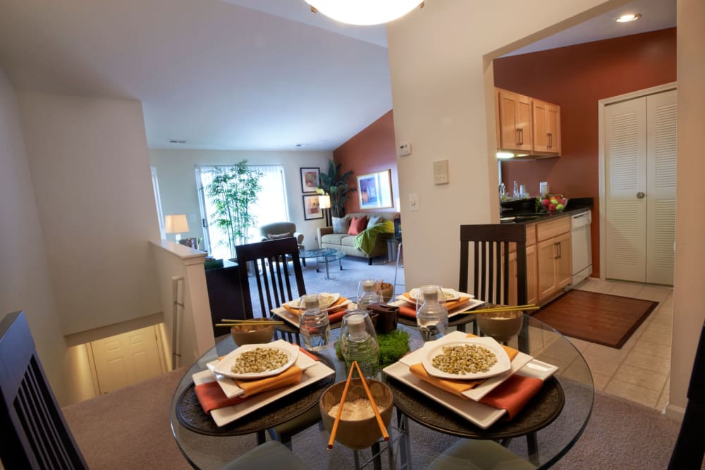 Dining area in an open layout apartment at Lakeside Terraces in Sterling Heights, Michigan