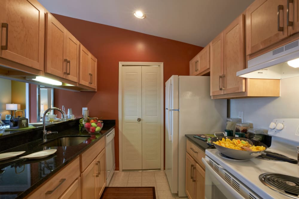Model kitchen with pass-through at Lakeside Terraces in Sterling Heights, Michigan