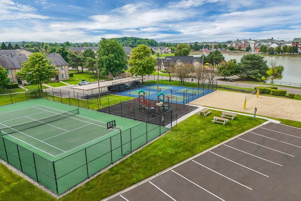 Aerial view of the courts and parking area at Lakeside Terraces in Sterling Heights, Michigan