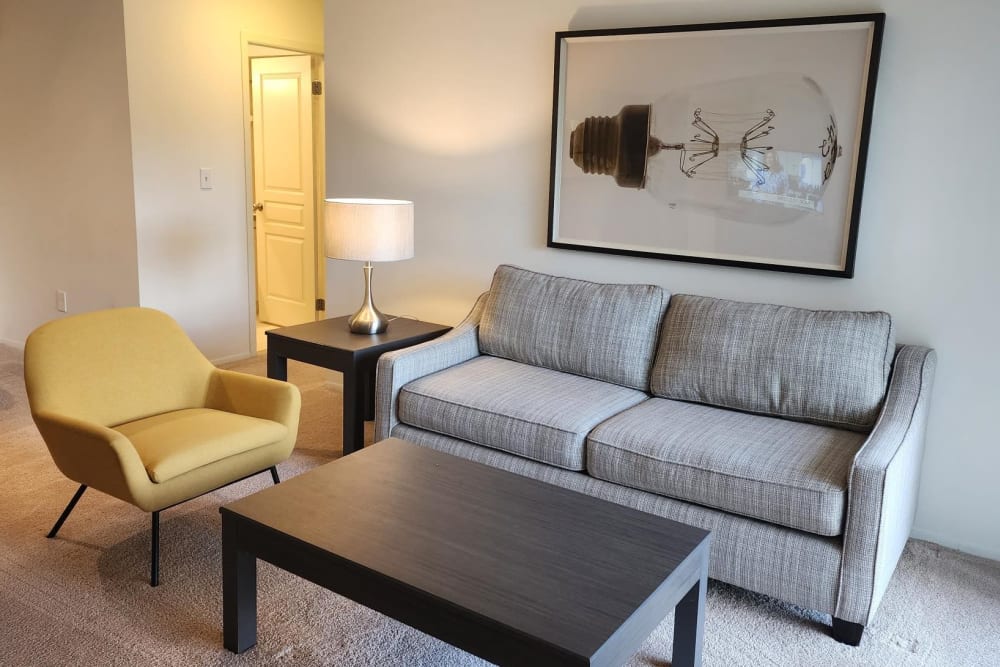 Furnished living room at Lakeside Terraces in Sterling Heights, Michigan